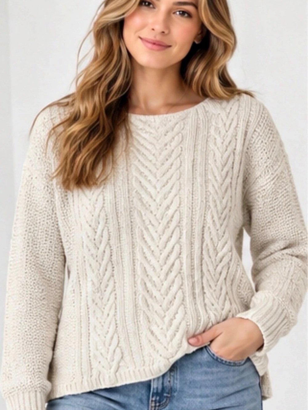Gap Women’s Cable Knit Boatneck Sweater – Ivory – Size Small – 100% Cotton